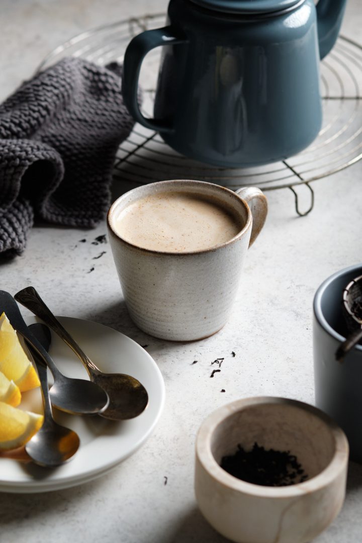 Plant based Earl Grey lemon latte, made with Earl Grey tea, lemon and cashews
