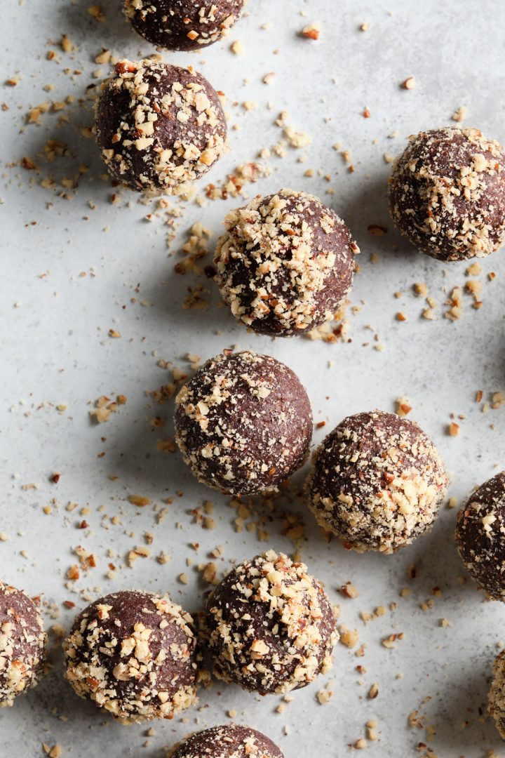 Easiest chocolate energy bites, rolled in finely chopped nuts