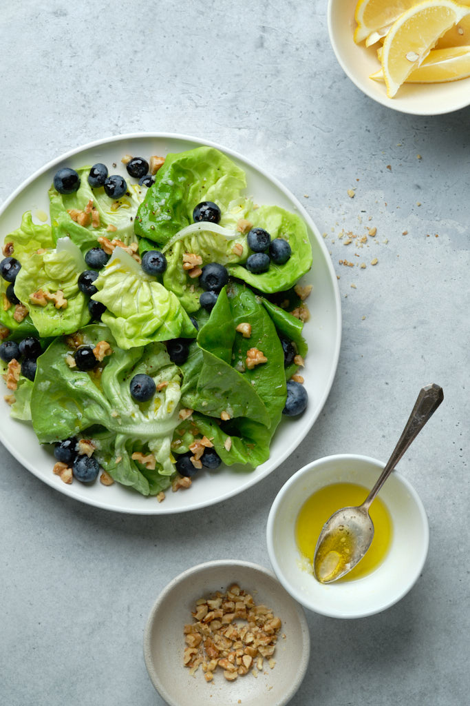 Butter lettuce, blueberry and walnut salad