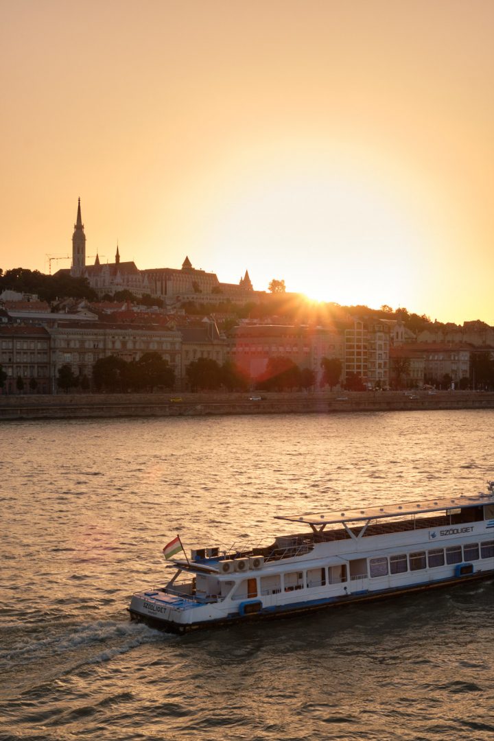 A boat passing on the Danube at sunset, Budapest